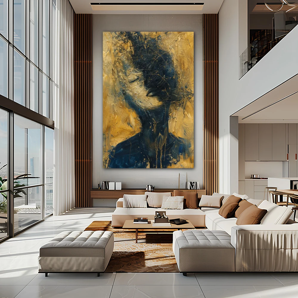 Wall Art titled: Deep Emotional Labyrinth in a Vertical format with: Golden, and Navy Blue Colors; Decoration the Living Room wall