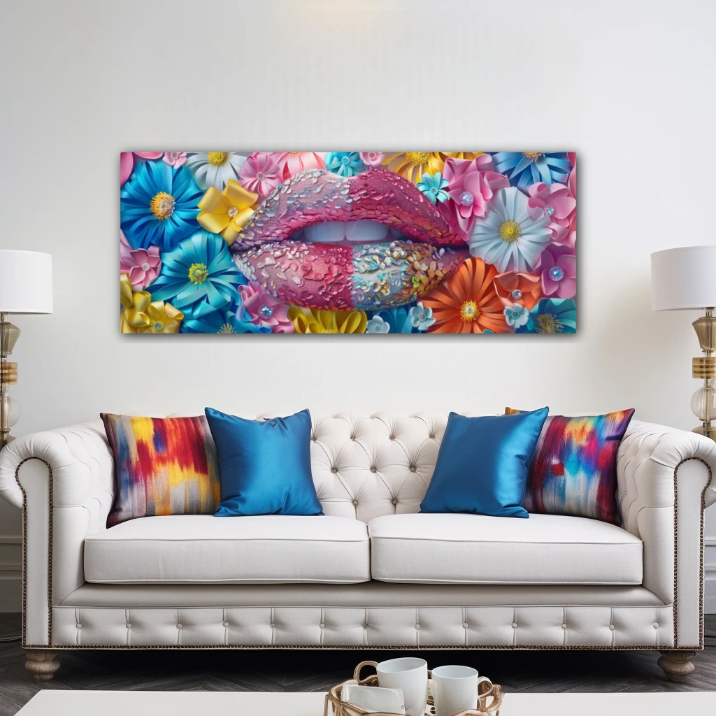 Cuadro fantasía de la naturaleza seductora en formato apaisado con colores celeste, rosa, vivos; decorando pared de encima del sofá