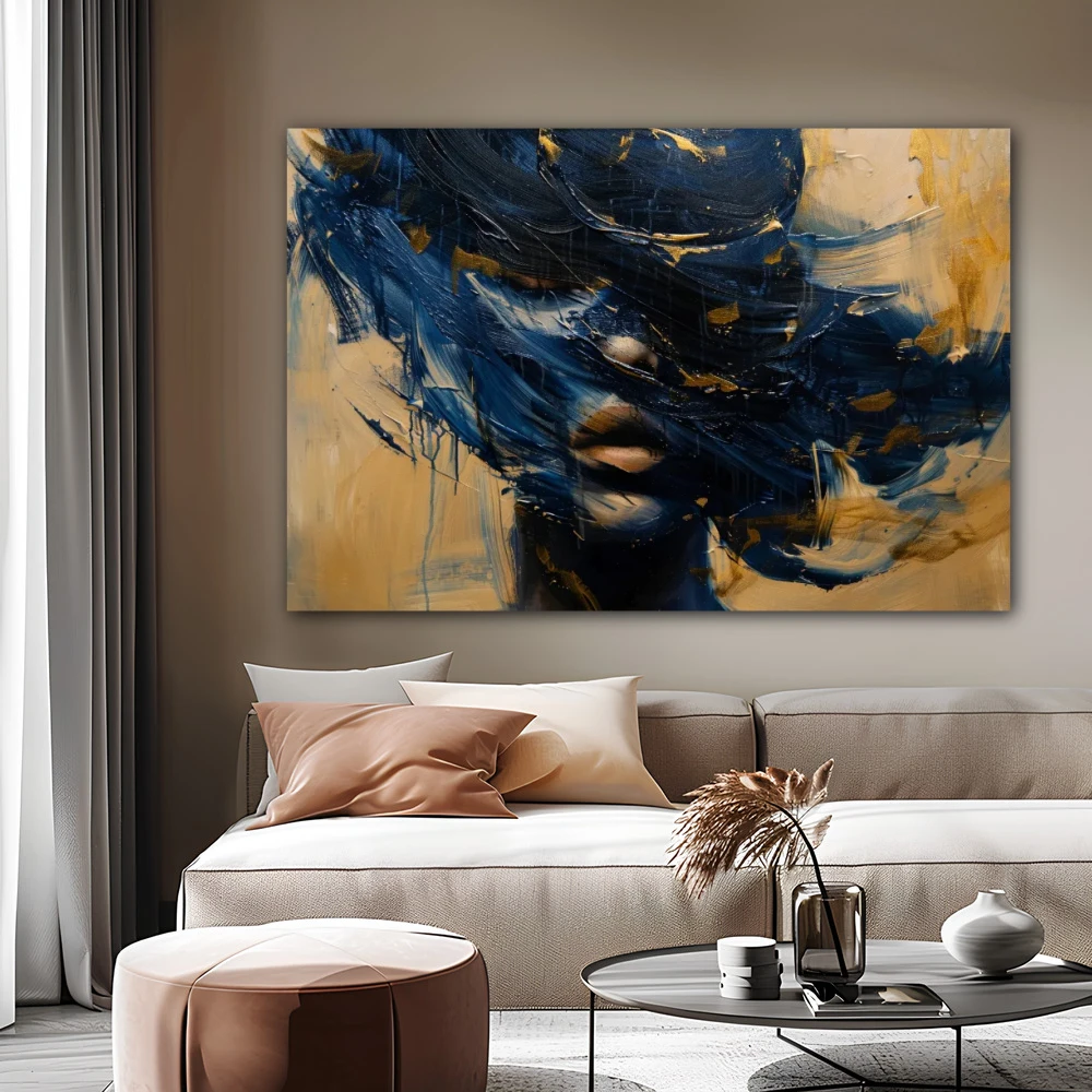 Wall Art titled: Emotional Vortices in a Horizontal format with: Golden, and Navy Blue Colors; Decoration the Beige Wall wall