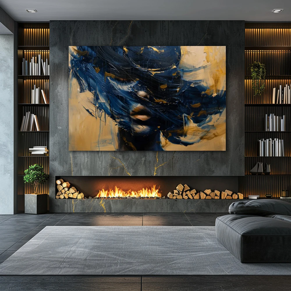 Wall Art titled: Emotional Vortices in a Horizontal format with: Golden, and Navy Blue Colors; Decoration the Fireplace wall