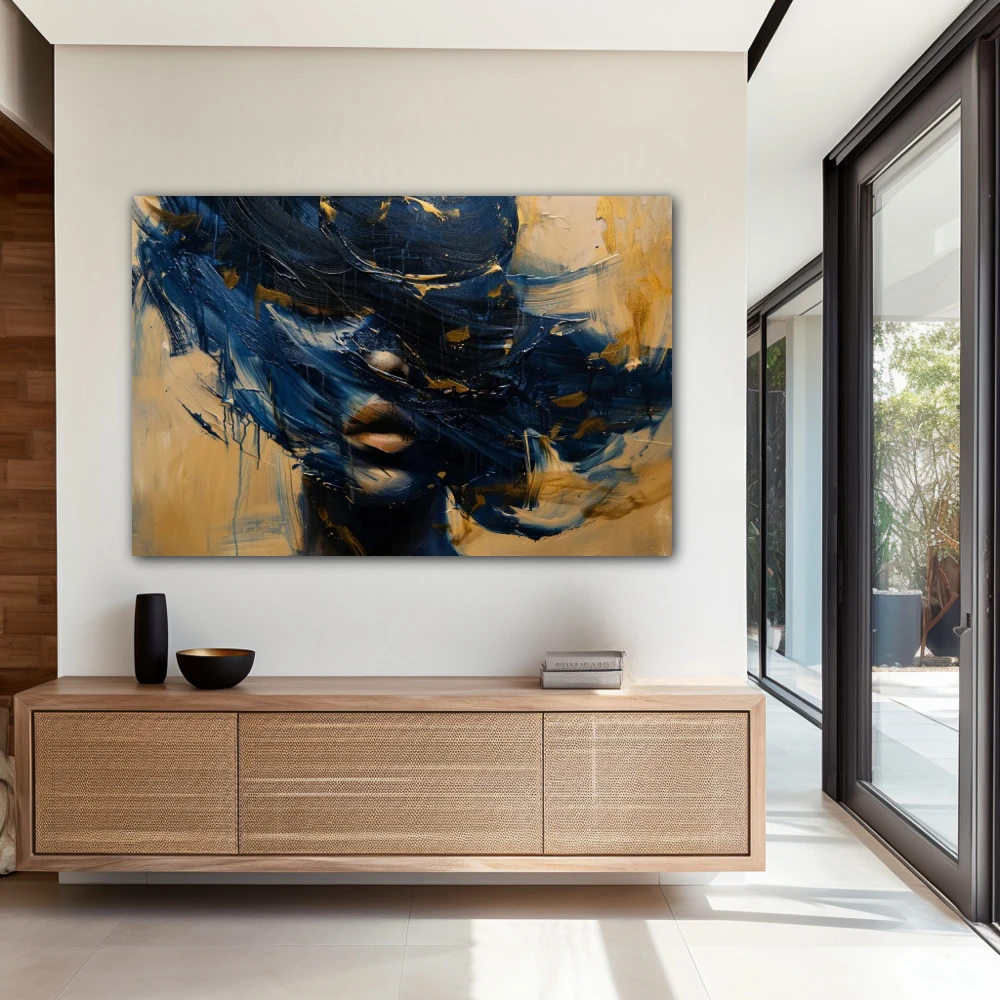 Wall Art titled: Emotional Vortices in a Horizontal format with: Golden, and Navy Blue Colors; Decoration the Entryway wall