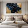 Cuadro Vórtices emocionales en formato horizontal con colores Dorado, Azul Marino; Decorando pared de Habitación dormitorio