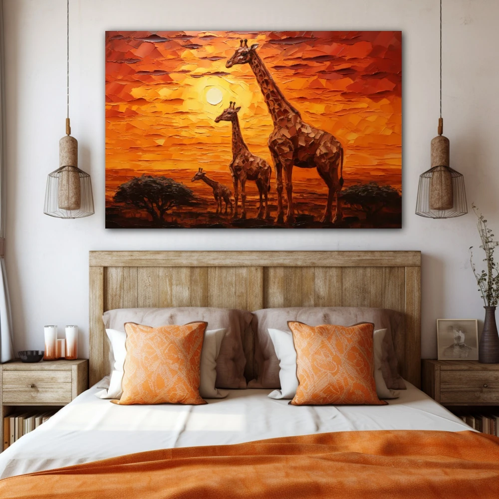 Wall Art titled: Sunset of Giants in a Horizontal format with: Yellow, Brown, and Orange Colors; Decoration the Bedroom wall