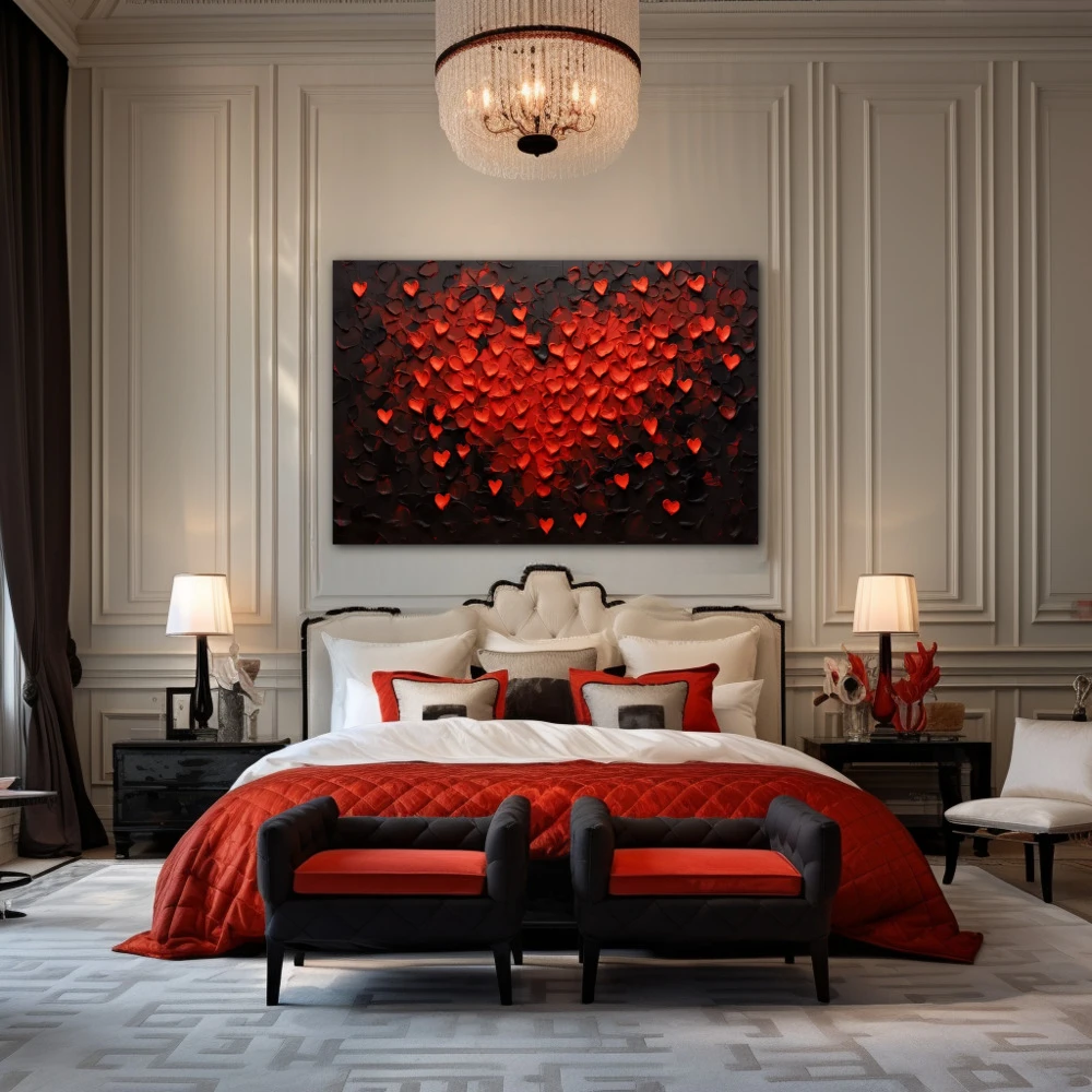 Cuadro latidos de pasión en formato horizontal con colores negro, rojo; decorando pared de habitación dormitorio