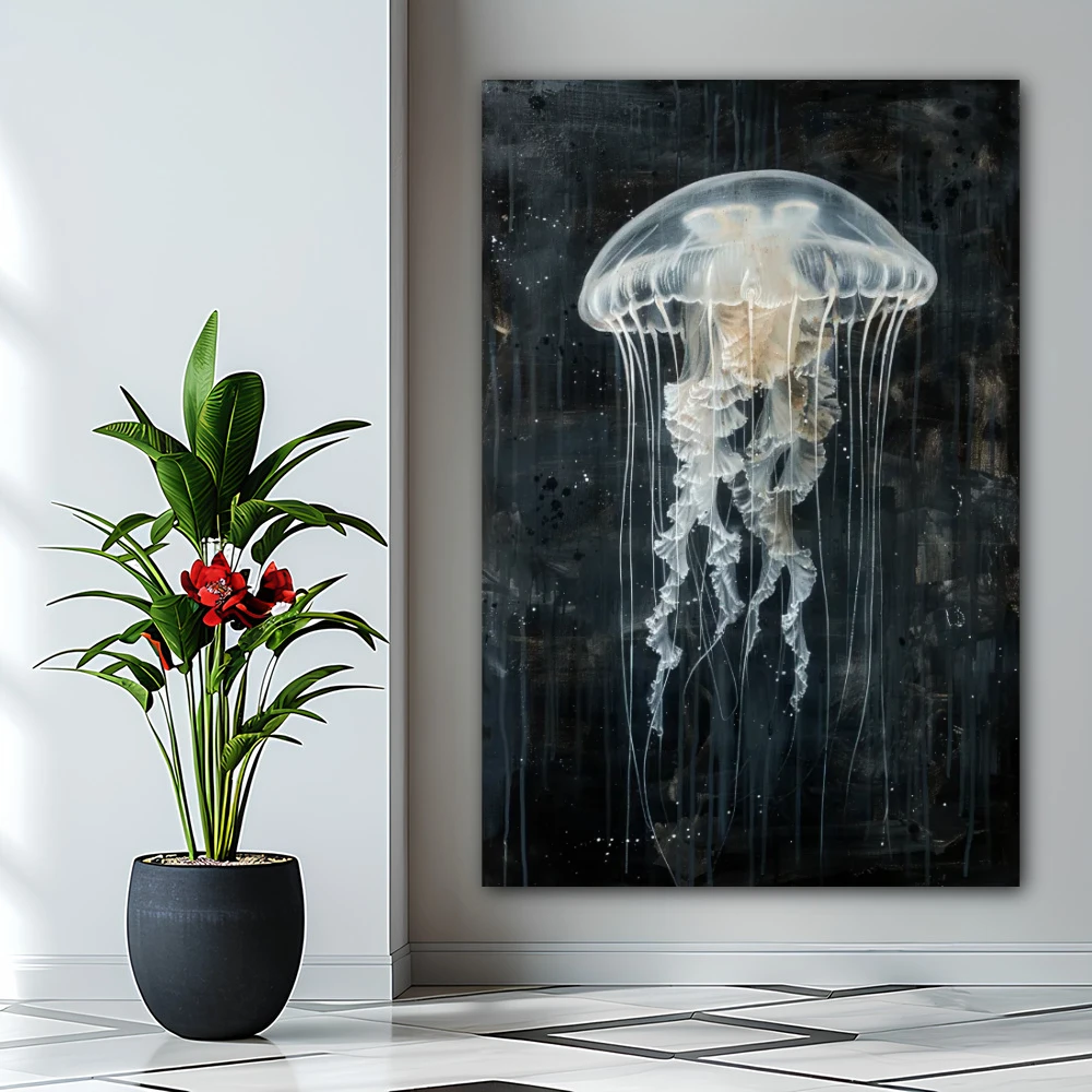 Wall Art titled: Ecosísmico in a Vertical format with: white, Grey, and Black Colors; Decoration the Bathroom wall