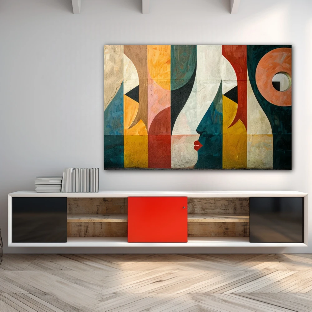 Wall Art titled: Fragmented Perceptions in a Horizontal format with: Yellow, Grey, and Green Colors; Decoration the Sideboard wall