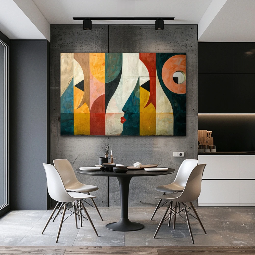 Wall Art titled: Fragmented Perceptions in a Horizontal format with: Yellow, Grey, and Green Colors; Decoration the Kitchen wall