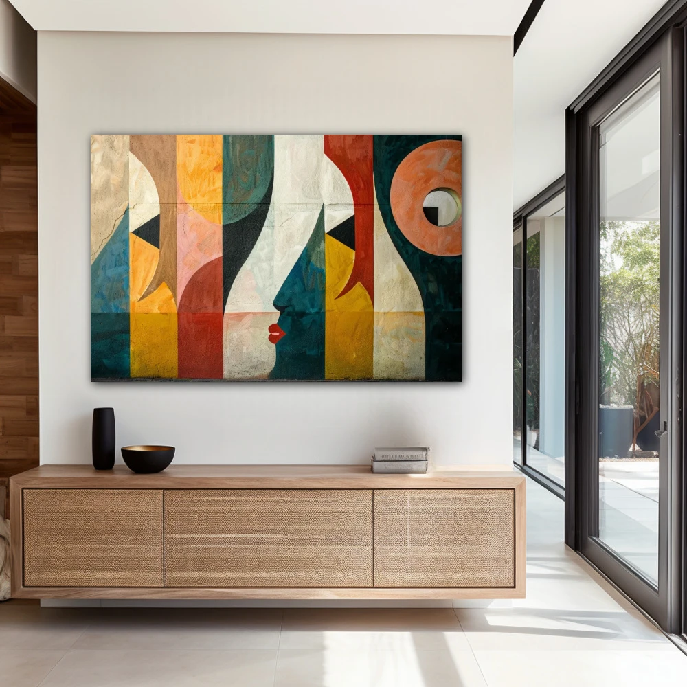 Wall Art titled: Fragmented Perceptions in a Horizontal format with: Yellow, Grey, and Green Colors; Decoration the Entryway wall