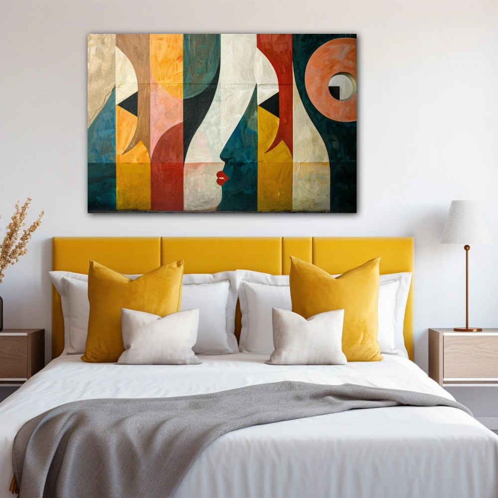 Cuadro percepciones fragmentadas en formato horizontal con colores amarillo, gris, verde; decorando pared de habitación dormitorio