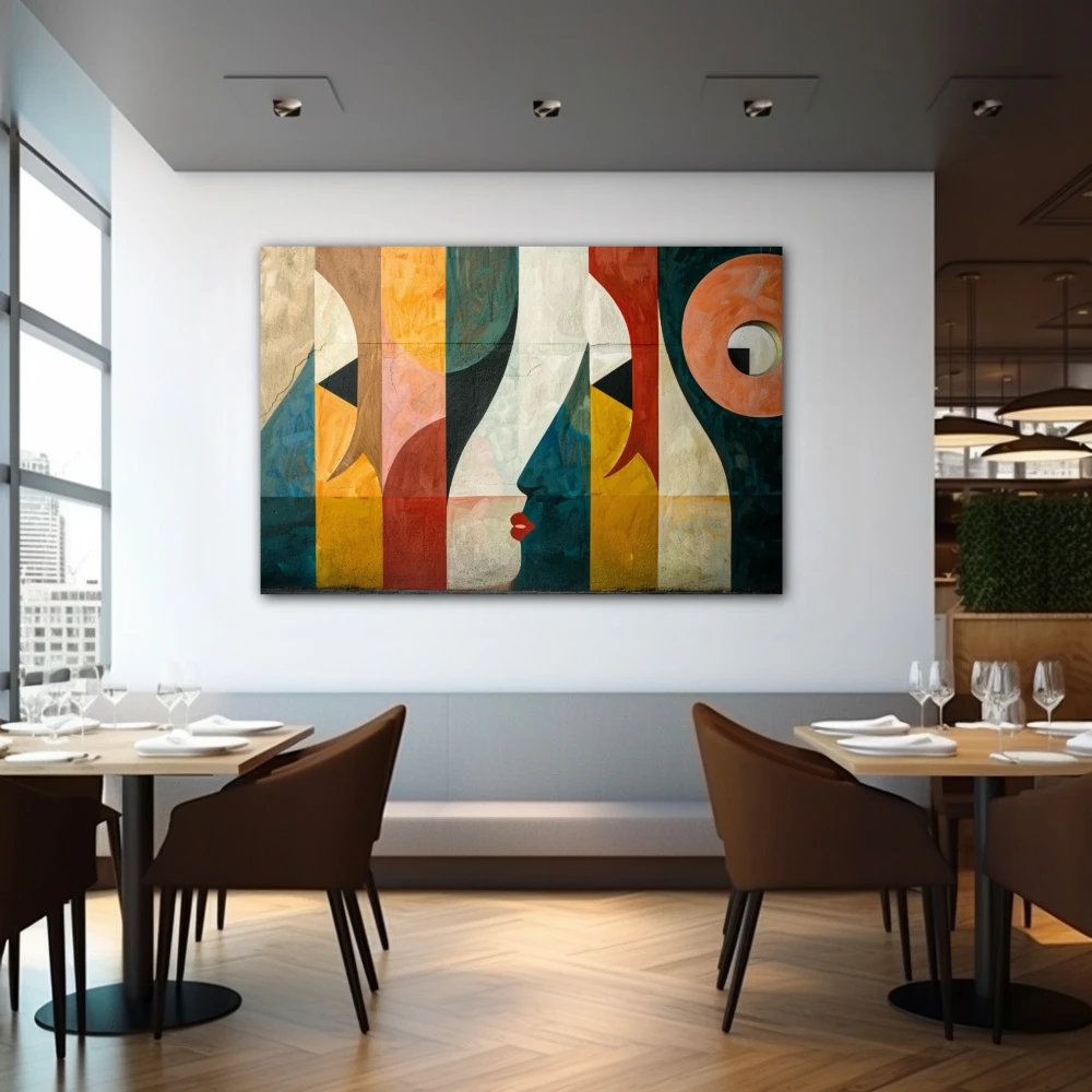 Wall Art titled: Fragmented Perceptions in a Horizontal format with: Yellow, Grey, and Green Colors; Decoration the Restaurant wall