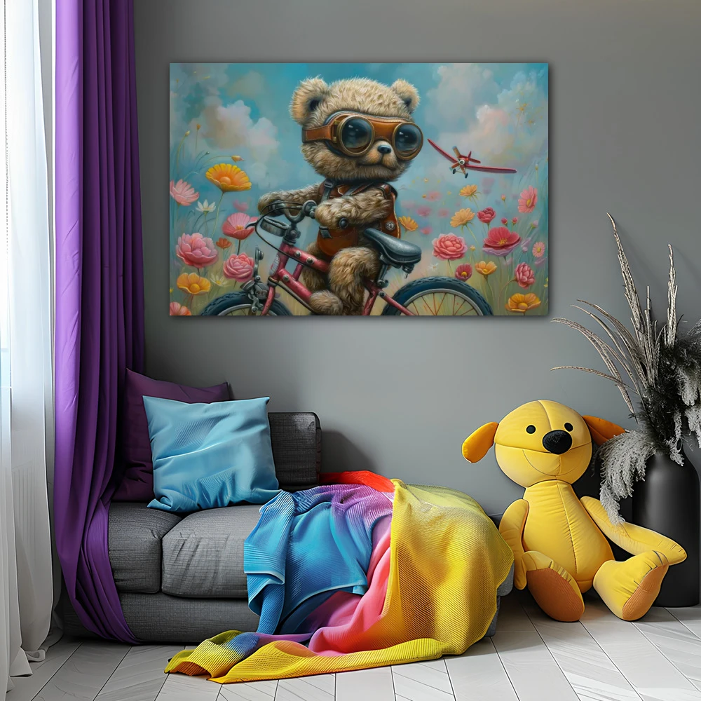 Wall Art titled: Little Dreamy Navigator in a Horizontal format with: Blue, and Pastel Colors; Decoration the Grey Walls wall