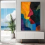 Wall Art titled: Invisible Silhouettes in a Vertical format with: Blue, Mustard, and Red Colors; Decoration the Sideboard wall