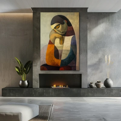 Wall Art titled: Veiled Thoughts in a  format with: Grey, Brown, and Orange Colors; Decoration the Fireplace wall