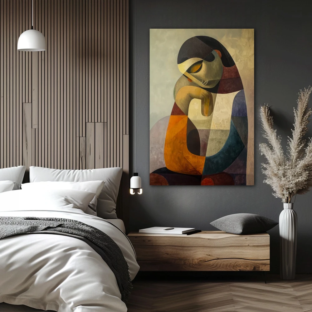Wall Art titled: Veiled Thoughts in a Vertical format with: Grey, Brown, and Orange Colors; Decoration the Bedroom wall