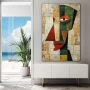 Wall Art titled: Deconstructed Face in a Vertical format with: Brown, Red, and Green Colors; Decoration the Sideboard wall