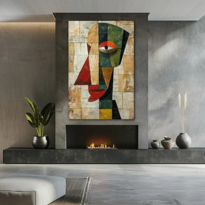 Wall Art titled: Deconstructed Face in a Vertical format with: Brown, Red, and Green Colors; Decoration the Fireplace wall