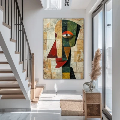 Wall Art titled: Deconstructed Face in a Vertical format with: Brown, Red, and Green Colors; Decoration the Staircase wall