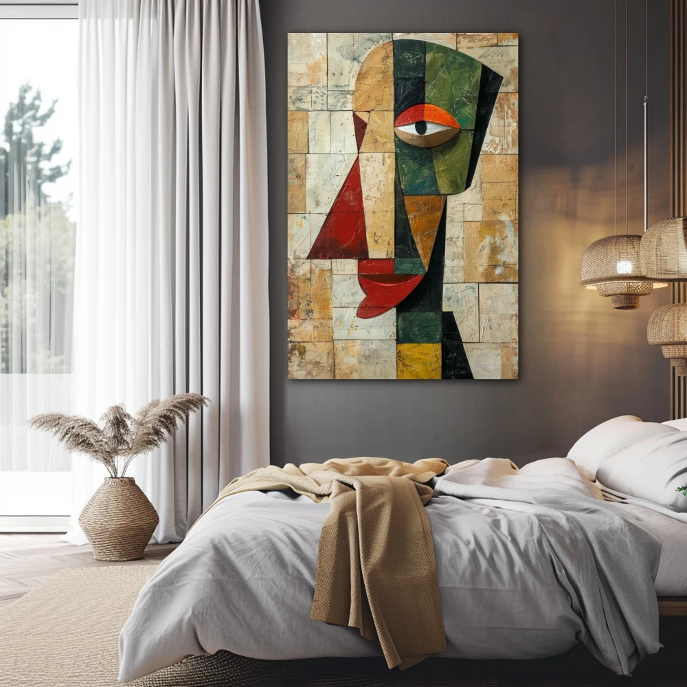 Cuadro rostro desestructurado en formato vertical con colores marrón, rojo, verde; decorando pared de habitación dormitorio