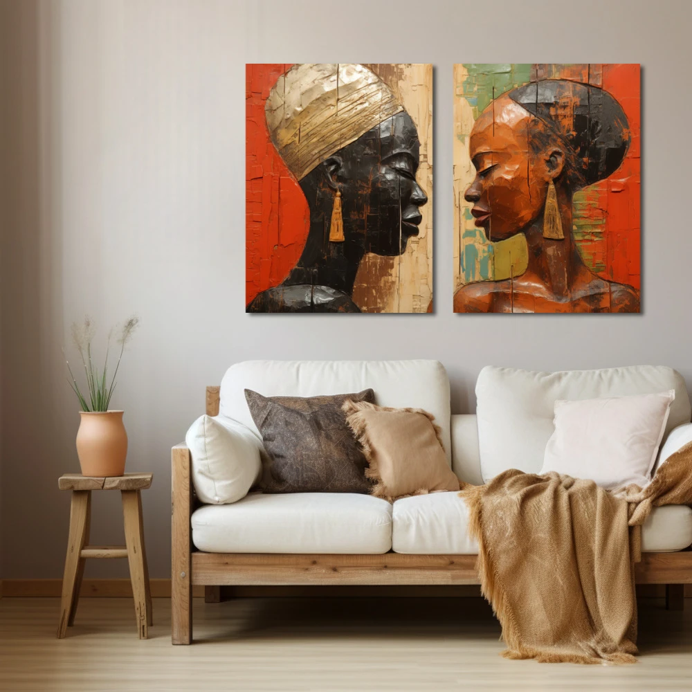 Cuadro eterna unión africana en formato díptico con colores marrón, negro; decorando pared beige