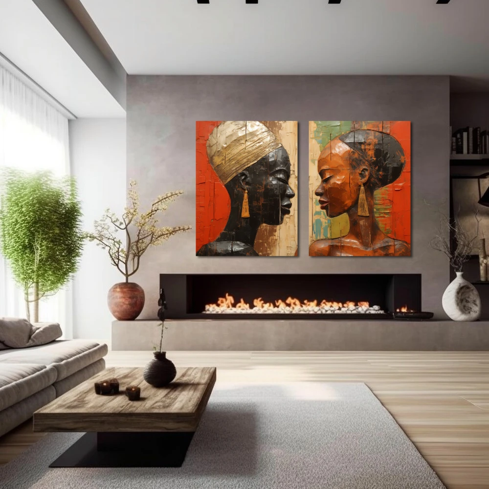 Wall Art titled: Eternal African Union in a Horizontal format with: Brown, and Black Colors; Decoration the Fireplace wall