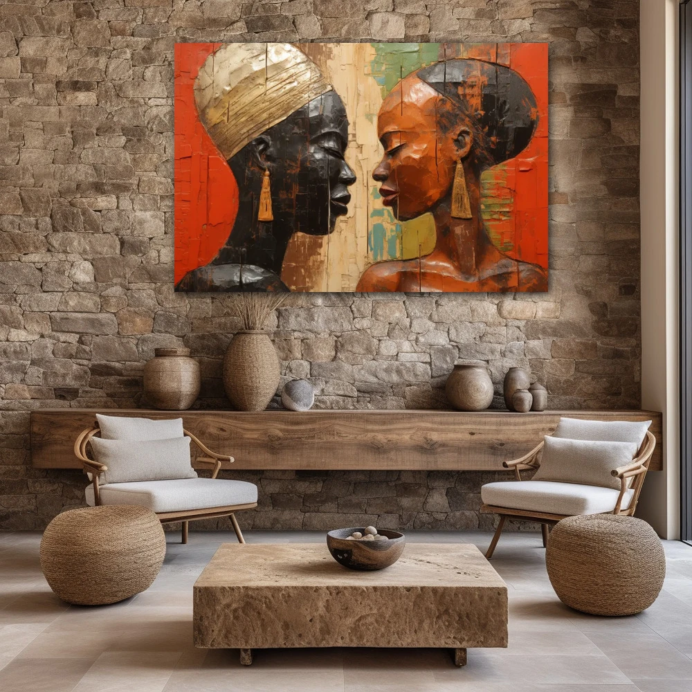 Cuadro eterna unión africana en formato horizontal con colores marrón, negro; decorando pared piedra