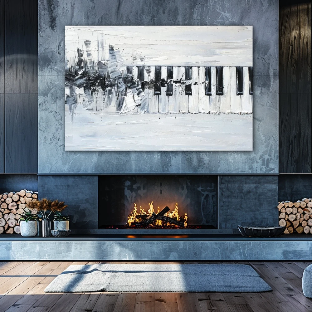 Wall Art titled: Rhythms in Black and White in a Horizontal format with: Grey, and Black and White Colors; Decoration the Fireplace wall
