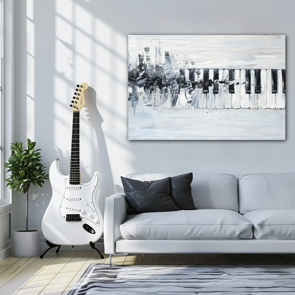 Cuadro ritmos en blanco y negro en formato horizontal con colores gris, blanco y negro; decorando pared de encima del sofá