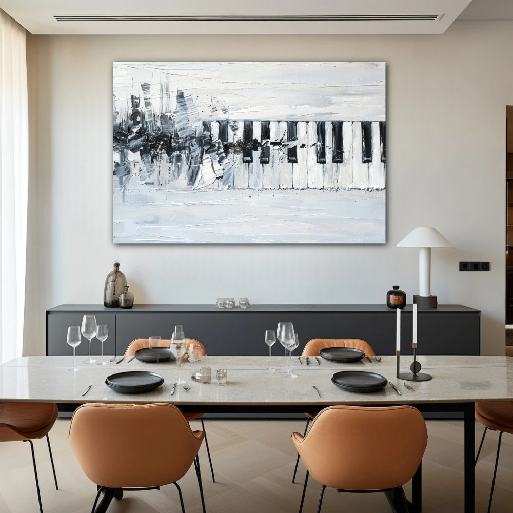 Cuadro ritmos en blanco y negro en formato horizontal con colores gris, blanco y negro; decorando pared de salón comedor