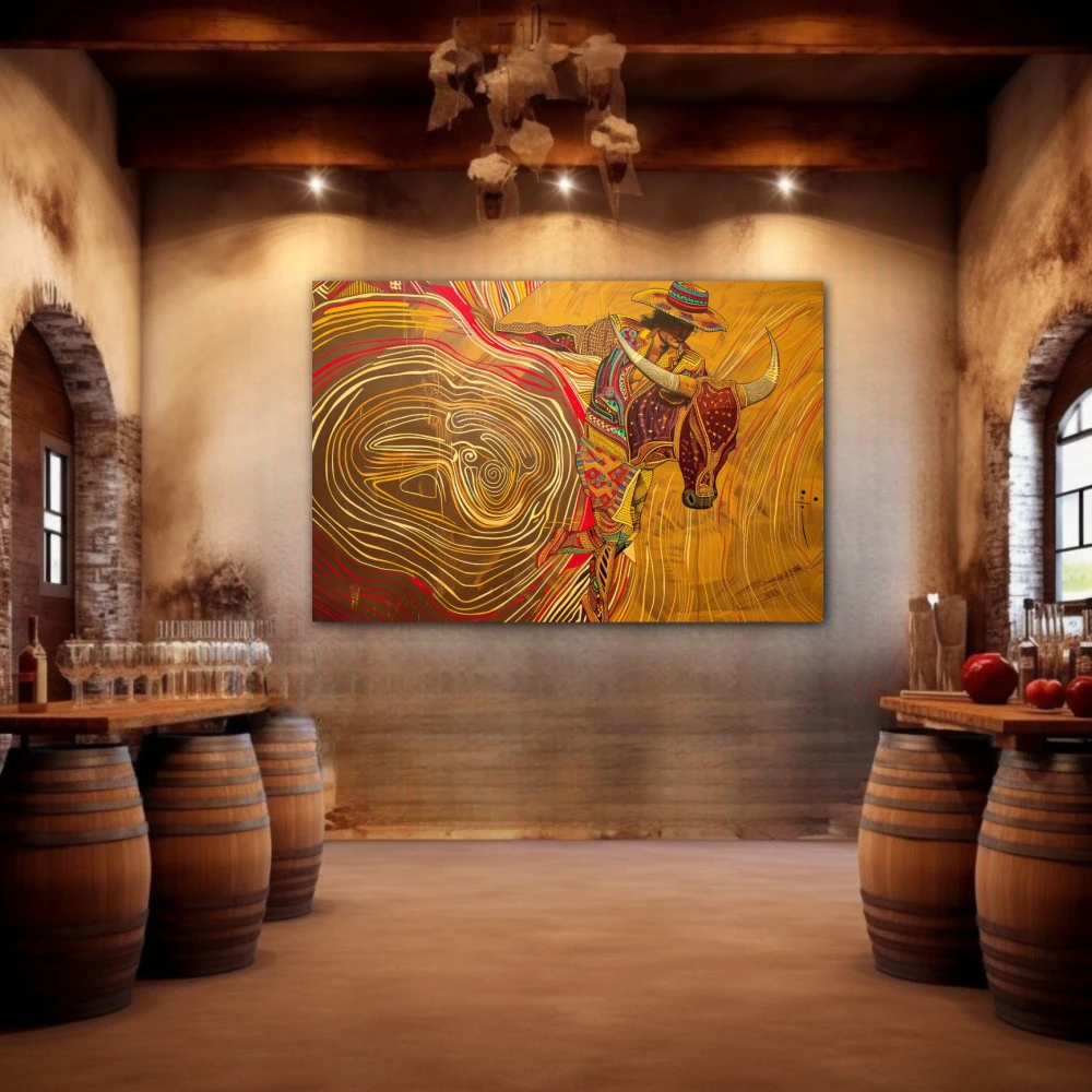 Wall Art titled: Reflections of Bravery in a Horizontal format with: and Golden Colors; Decoration the Winery wall