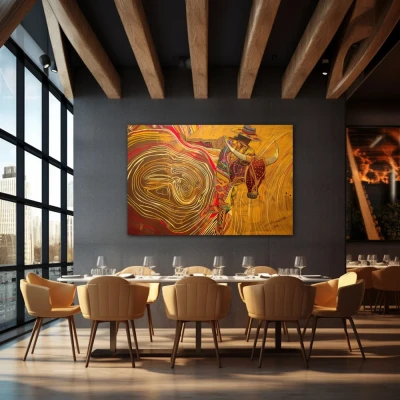 Wall Art titled: Reflections of Bravery in a Horizontal format with: and Golden Colors; Decoration the Restaurant wall