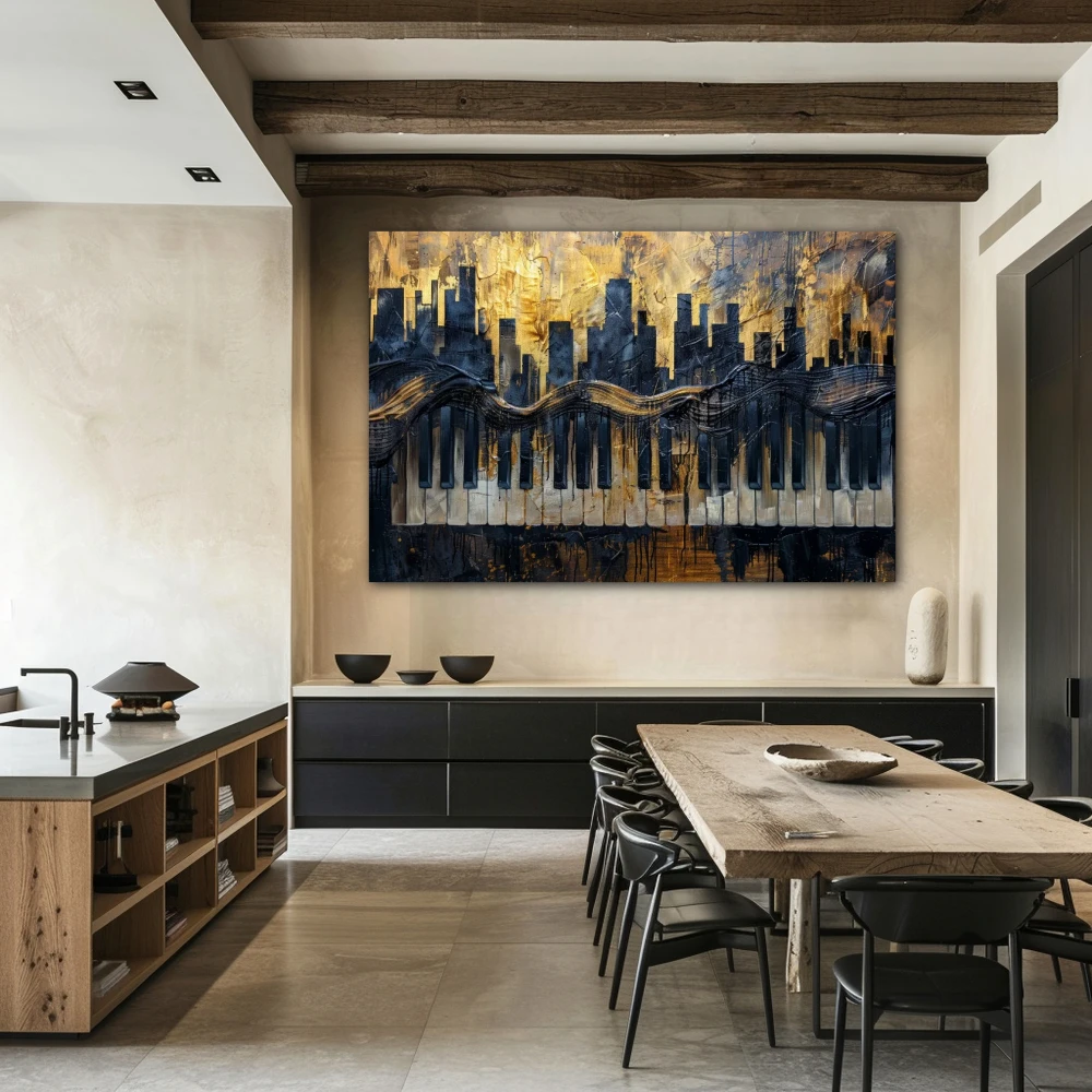 Wall Art titled: Melody of the Big Apple in a Horizontal format with: Golden, and Black Colors; Decoration the Kitchen wall