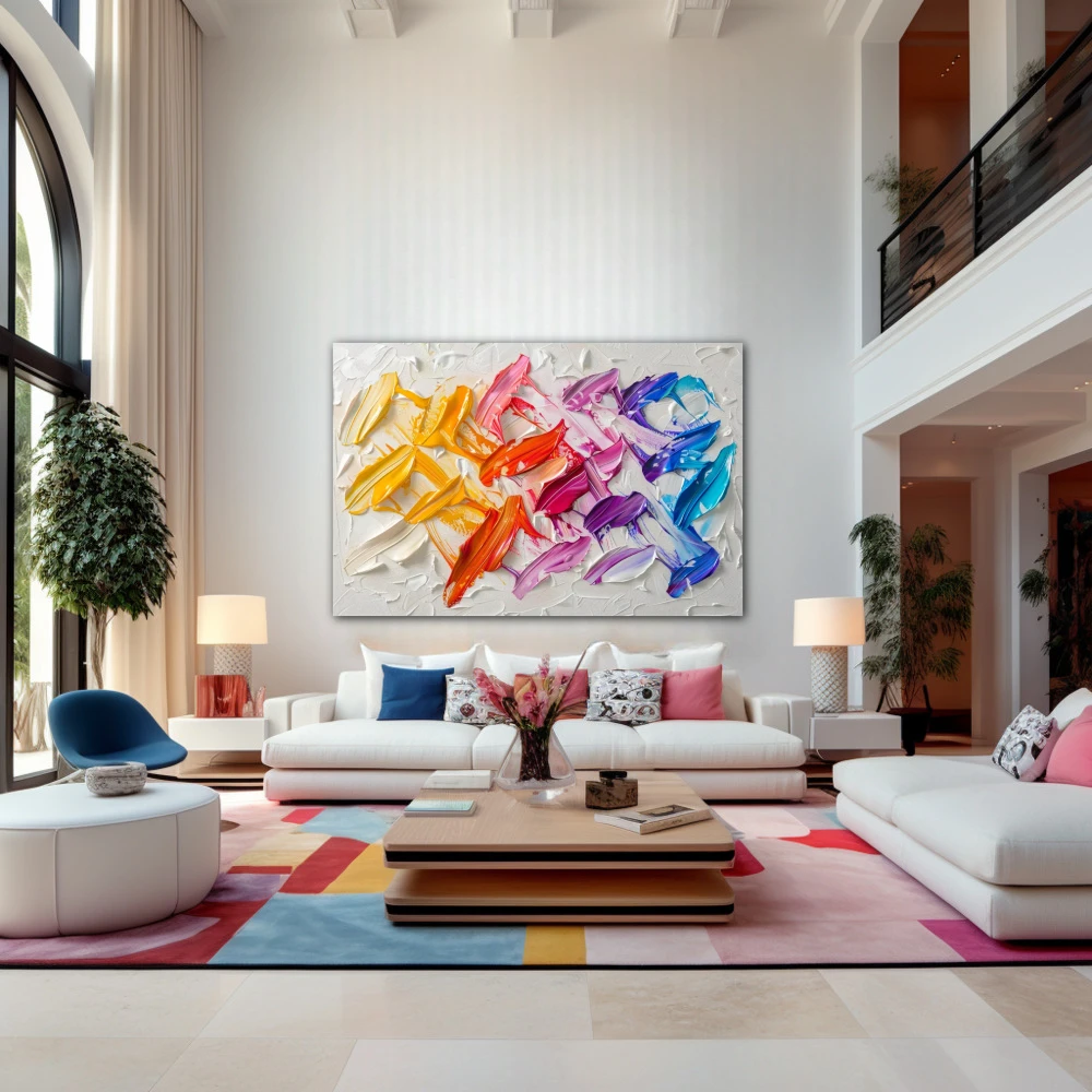Cuadro rendijas de diversidad en formato horizontal con colores amarillo, azul, blanco, rosa, vivos; decorando pared de encima del sofá