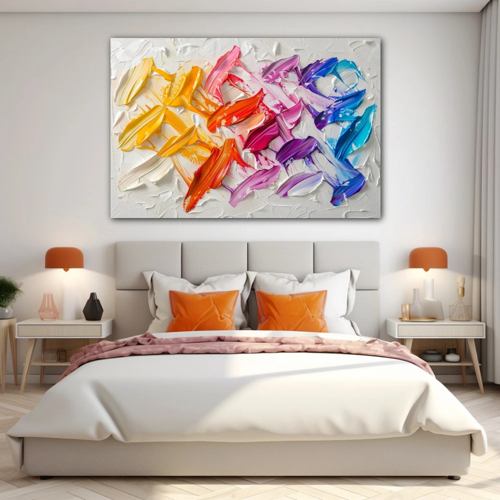 Cuadro rendijas de diversidad en formato horizontal con colores amarillo, azul, blanco, rosa, vivos; decorando pared de habitación dormitorio