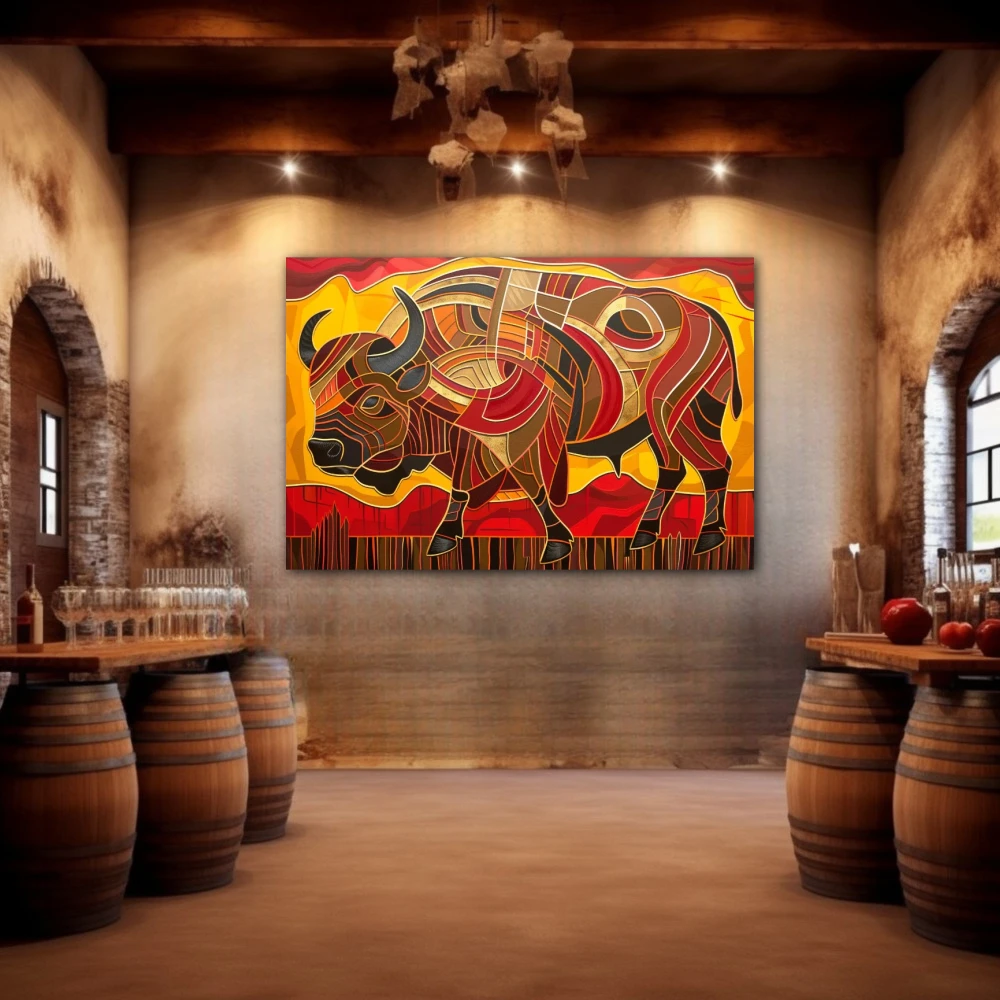 Wall Art titled: Taurine Chromatics in a Horizontal format with: Yellow, Orange, and Red Colors; Decoration the Winery wall