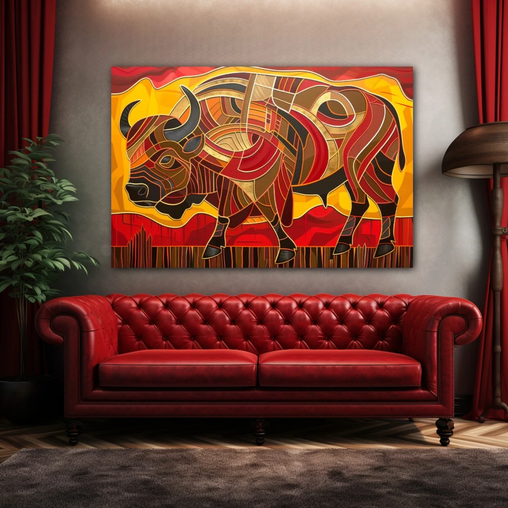 Wall Art titled: Taurine Chromatics in a Horizontal format with: Yellow, Orange, and Red Colors; Decoration the Above Couch wall