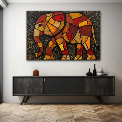 Wall Art titled: Fragments of the Wild Soul in a Horizontal format with: Orange, Black, and Red Colors; Decoration the Sideboard wall