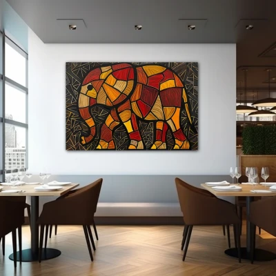 Wall Art titled: Fragments of the Wild Soul in a Horizontal format with: Orange, Black, and Red Colors; Decoration the Restaurant wall