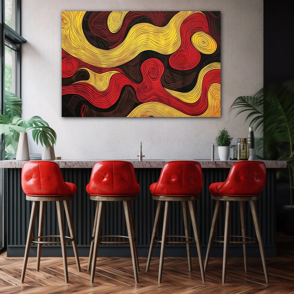 Wall Art titled: Waves of Passion in a Horizontal format with: Yellow, and Red Colors; Decoration the Bar wall