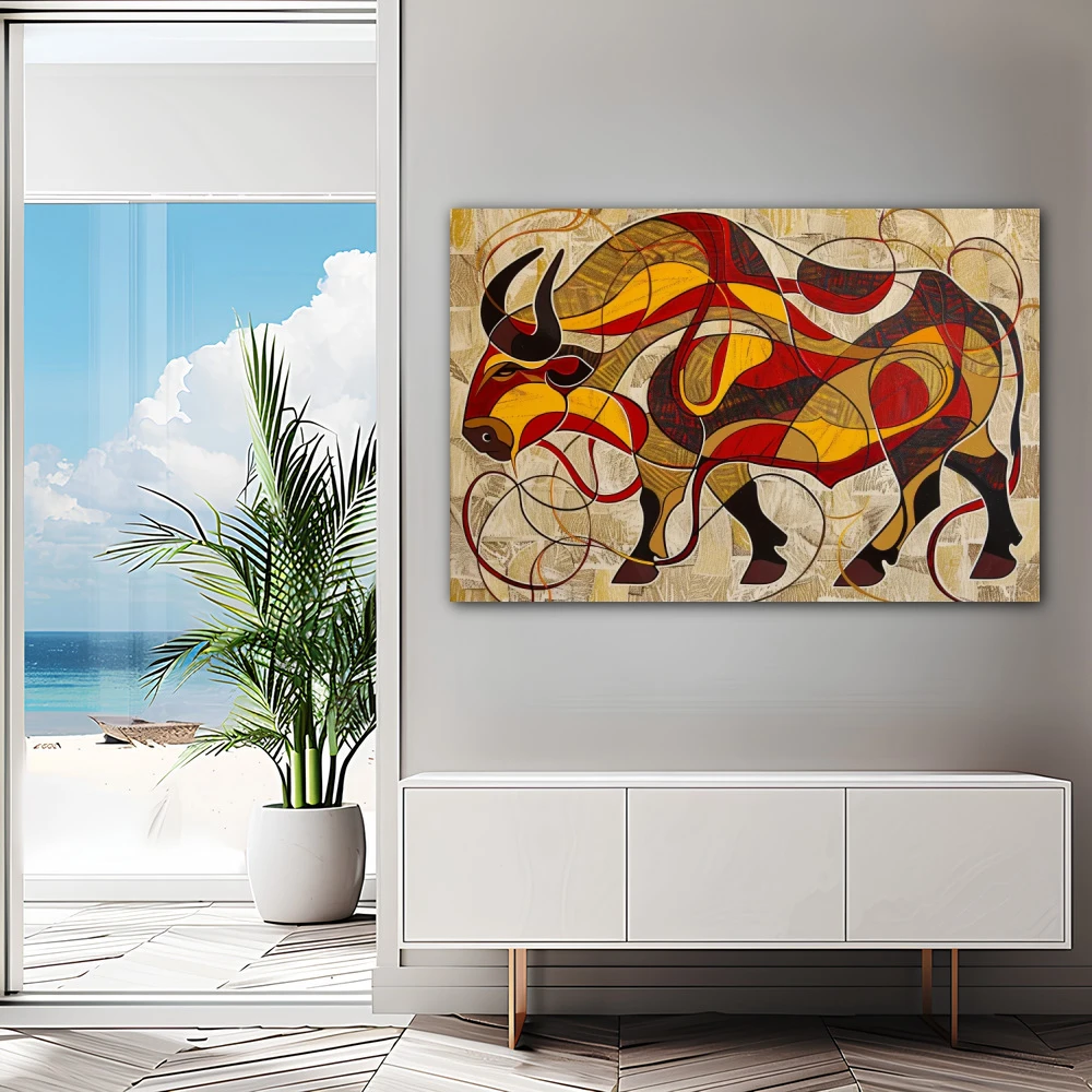 Wall Art titled: Untamed Soul in a Horizontal format with: Yellow, Red, and Beige Colors; Decoration the Sideboard wall