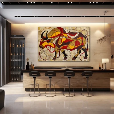 Wall Art titled: Untamed Soul in a Horizontal format with: Yellow, Red, and Beige Colors; Decoration the Bar wall