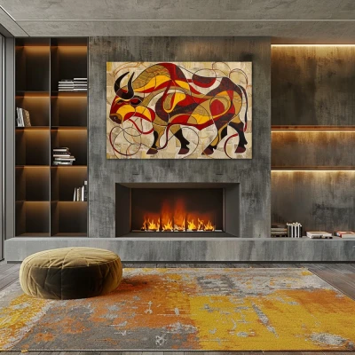 Wall Art titled: Untamed Soul in a Horizontal format with: Yellow, Red, and Beige Colors; Decoration the Fireplace wall