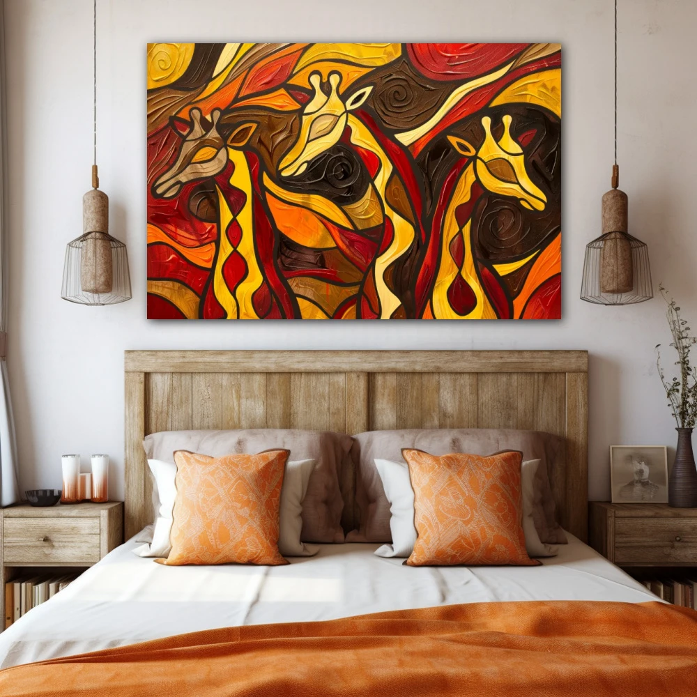 Cuadro colores de África en formato horizontal con colores amarillo, marrón, naranja, rojo; decorando pared de habitación dormitorio