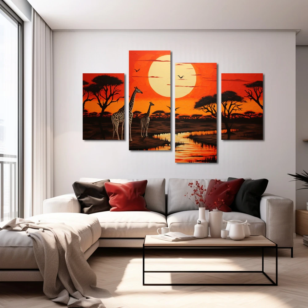 Cuadro retrato de la vida salvaje africana en formato políptico con colores marrón, naranja, rojo; decorando pared blanca