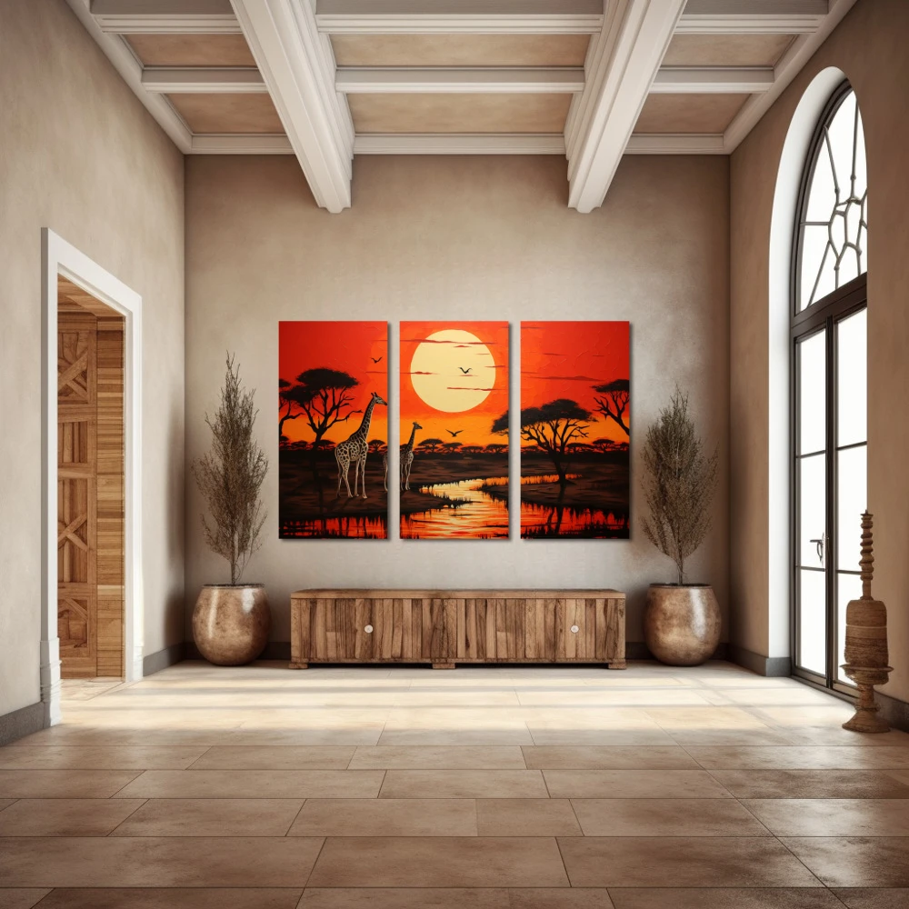 Wall Art titled: Portrait of African Wildlife in a Horizontal format with: Brown, Orange, and Red Colors; Decoration the Entryway wall