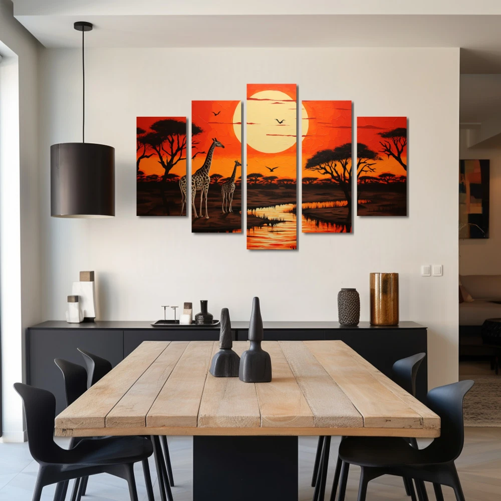 Wall Art titled: Portrait of African Wildlife in a Horizontal format with: Brown, Orange, and Red Colors; Decoration the Living Room wall