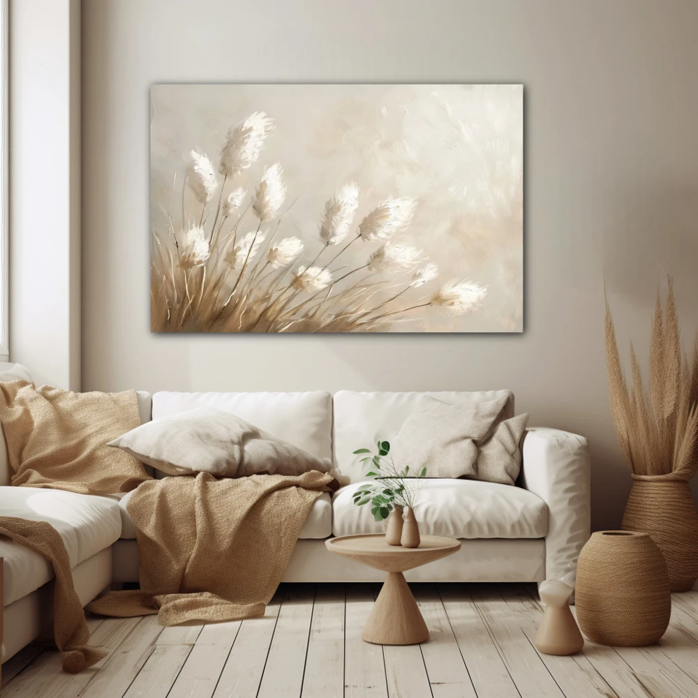 Cuadro susurros del viento en formato horizontal con colores gris, marrón, beige; decorando pared beige