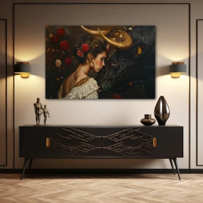 Wall Art titled: Invisible Bonds in a Horizontal format with: Golden, and Black Colors; Decoration the Sideboard wall