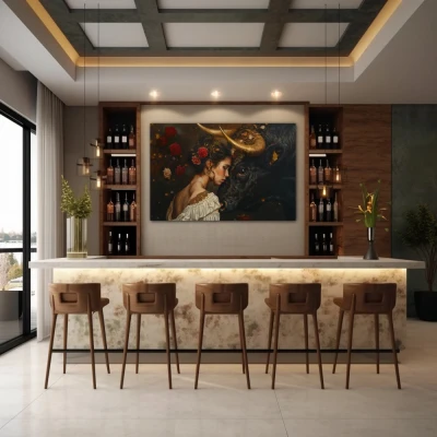 Wall Art titled: Invisible Bonds in a Horizontal format with: Golden, and Black Colors; Decoration the Bar wall