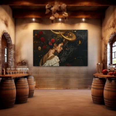 Wall Art titled: Invisible Bonds in a Horizontal format with: Golden, and Black Colors; Decoration the Winery wall