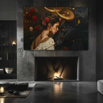 Wall Art titled: Invisible Bonds in a Horizontal format with: Golden, and Black Colors; Decoration the Fireplace wall